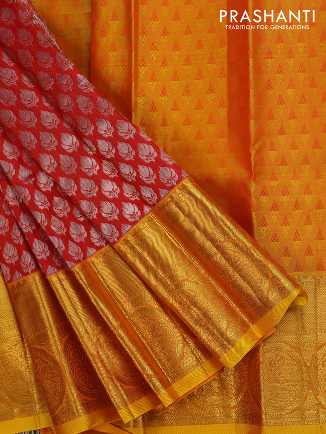 Pure silk kids lehenga orange and yellow with allover silver zari woven buttas and zari woven border