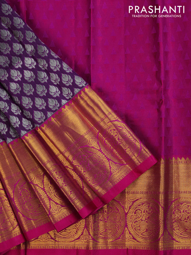 Pure silk kids lehenga deep violet and pink with allover silver zari woven buttas and zari woven border