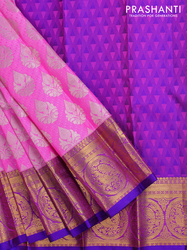 Pure silk kids lehenga light pink and purple with silver zari buttas & self emboss and annam zari woven border