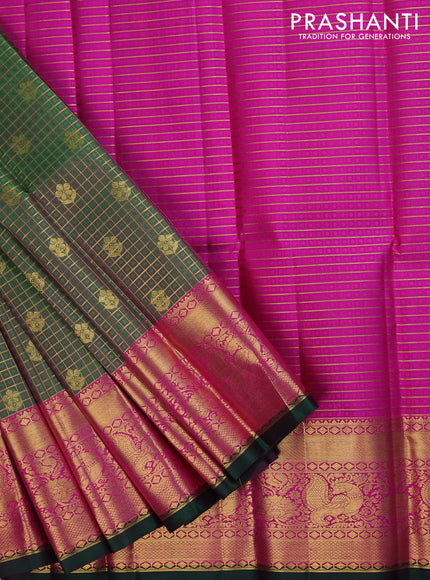 Pure silk kids lehenga dual shade of green and pink with allover small zari checks & self emboss and zari woven border