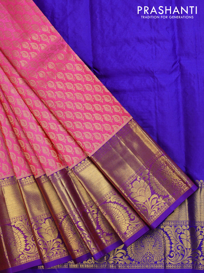 Pure silk kids lehenga pink and blue with allover zari woven leaf buttas and zari woven border