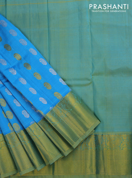 Pure silk kids lehenga light blue and green shade with silver & gold zari woven paisley buttas and zari woven border