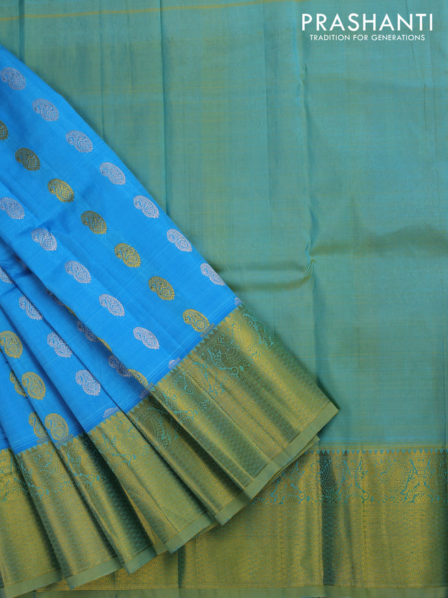 Pure silk kids lehenga light blue and green shade with silver & gold zari woven paisley buttas and zari woven border