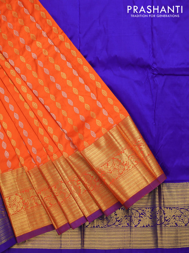 Pure silk kids lehenga orange and blue with silver & gold zari woven buttas and long zari woven border