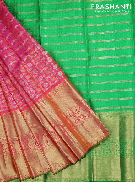 Pure silk kids lehenga dual shade of pink and light green with allover zari checks & buttas and long zari woven border