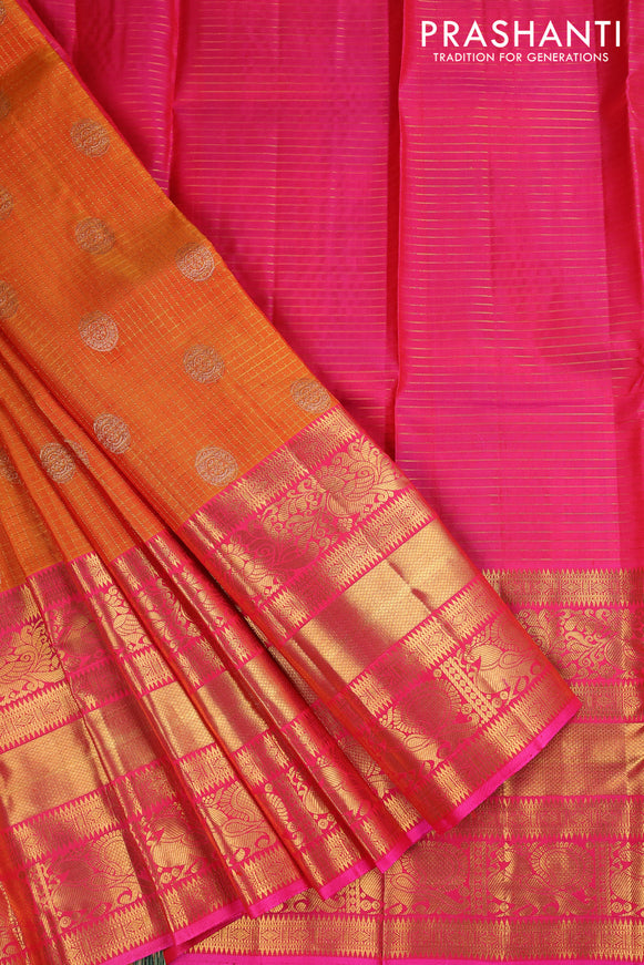 Pure silk kids lehenga dual shade of mustard yellow and pink with allover zari checks & buttas and long zari woven annam border