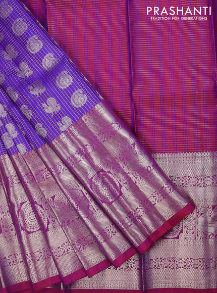 Pure silk kids lehenga blue and dual shade of bluish maroon with allover small zari checks & silver zari buttas and long silver zari woven annam border