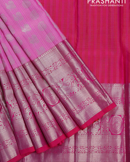 Pure silk kids lehenga light pink and pink with allover small zari checks & silver zari buttas and long silver zari woven annam border