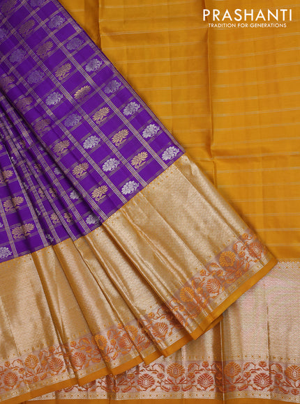 Pure silk kids lehenga deep violet and mustard yellow with allover small zari checks & silver zari buttas and long silver zari woven annam border