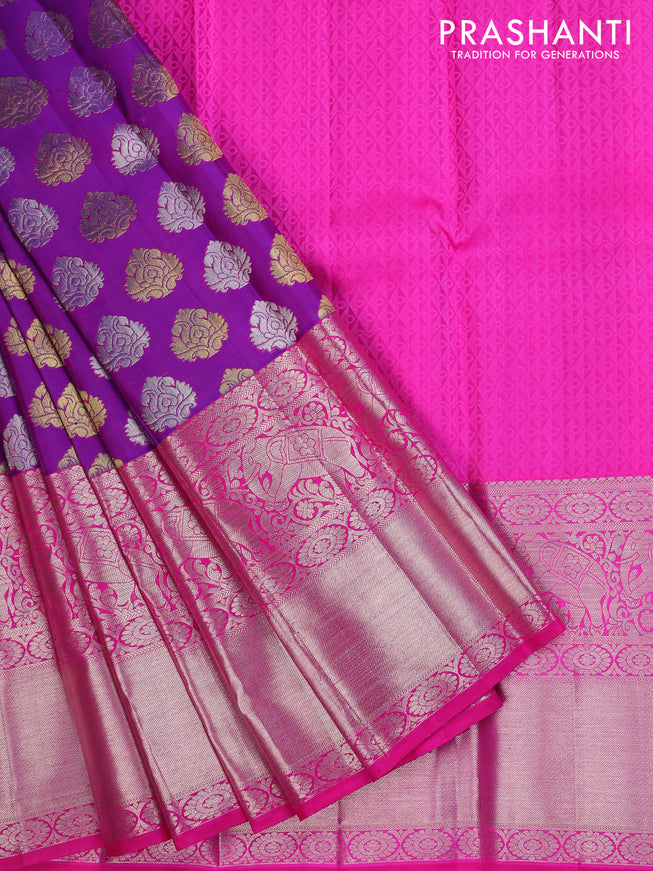Pure silk kids lehenga dual shade of purple and pink with silver & gold zari woven buttas and long silver zari woven border