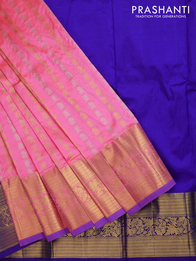 Pure silk kids lehenga dual shade of pinkish orange and blue with allover silver & gold zari woven buttas and zari woven border