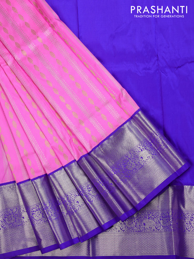 Pure silk kids lehenga light pink and blue with allover silver & gold zari weaves and silver zari woven border