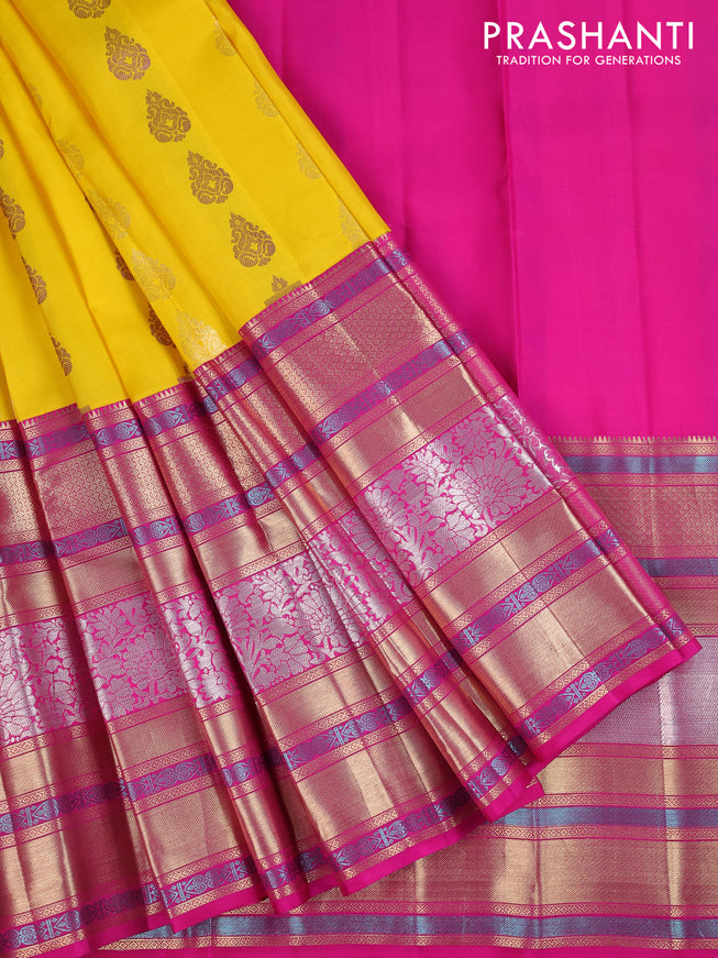 Pure silk kids lehenga mango yellow and pink with zari woven buttas and long zari woven border