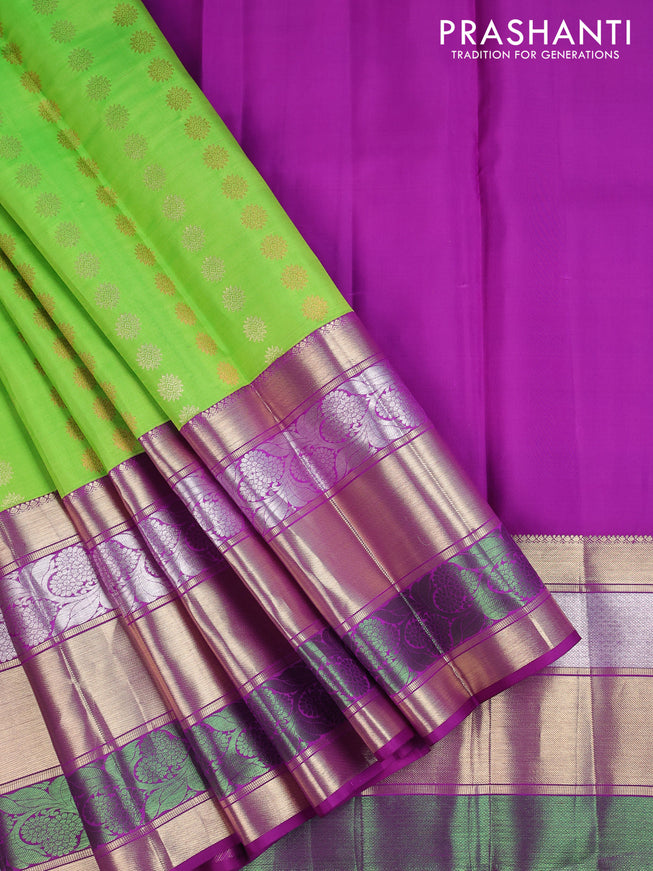 Pure silk kids lehenga light green and deep purple with silver & copper zari woven buttas and long zari woven border