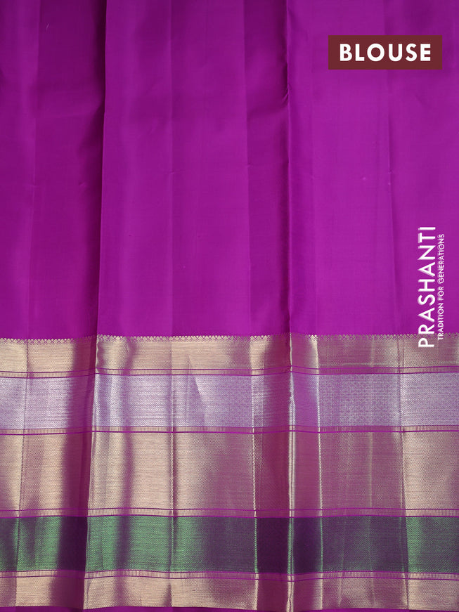 Pure silk kids lehenga light green and deep purple with silver & copper zari woven buttas and long zari woven border