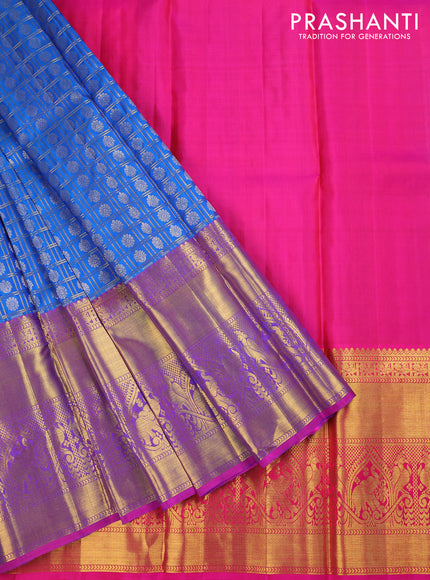 Pure silk kids lehenga cs blue and pink with allover zari checks & zari buttas and long zari woven border