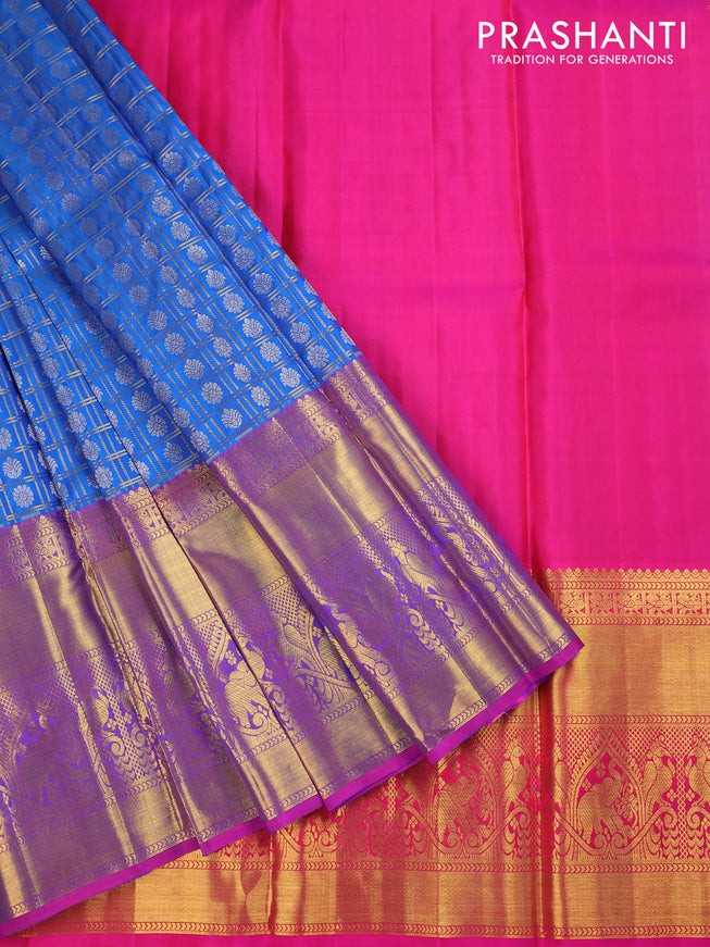 Pure silk kids lehenga cs blue and pink with allover zari checks & zari buttas and long zari woven border