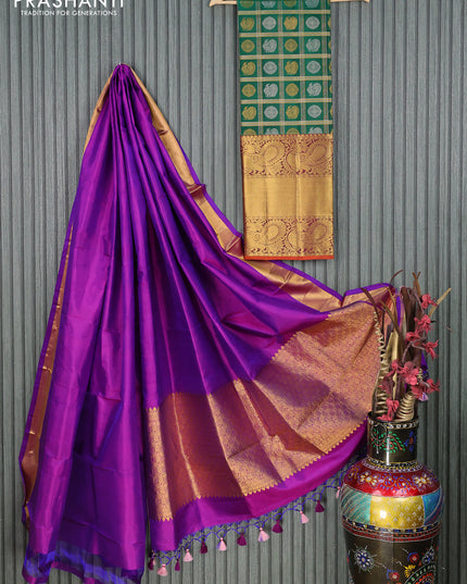 Pure silk kids lehenga green and purple with allover zari checks & annam buttas and long annam zari woven border
