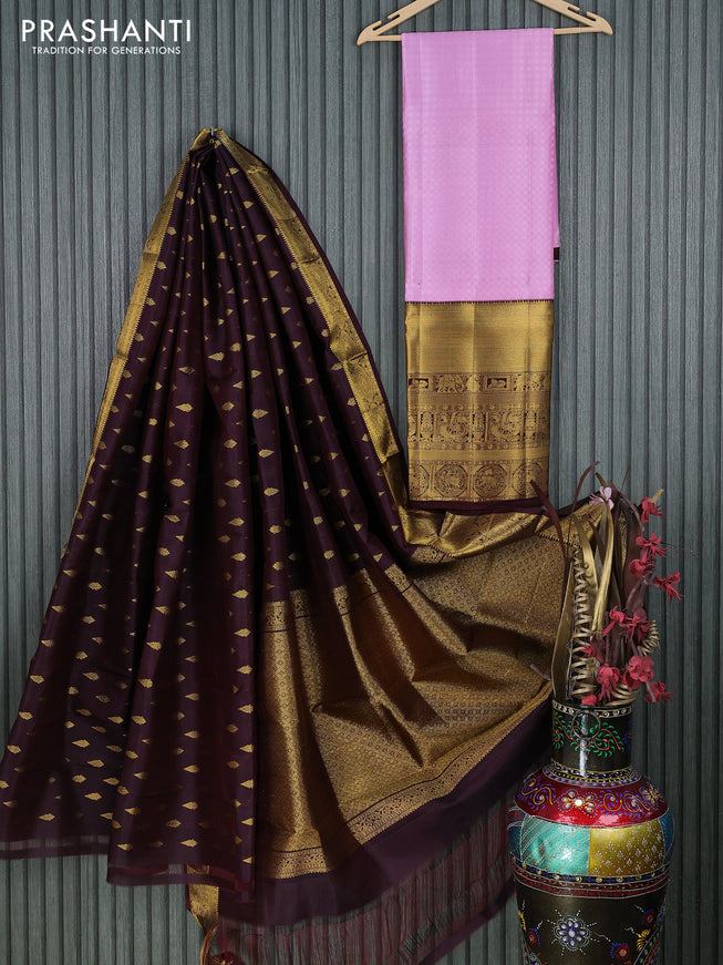 Pure silk kids lehenga light pink and coffee brown with allover self emboss and long zari woven border