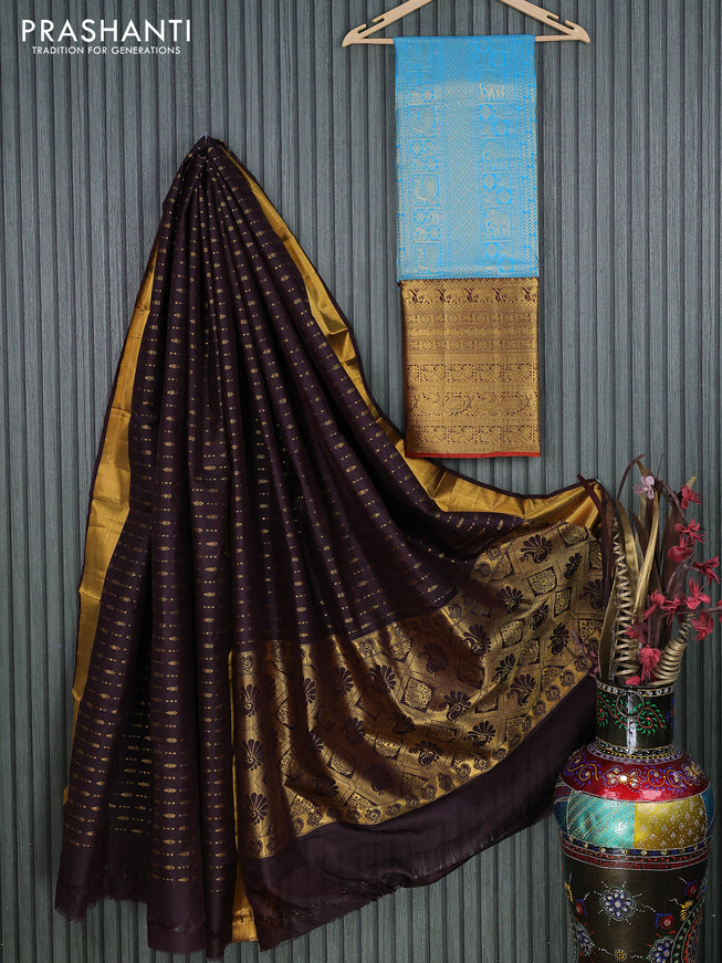 Pure silk kids lehenga light blue and coffee brown with allover zari woven brocade weaves and long zari woven border