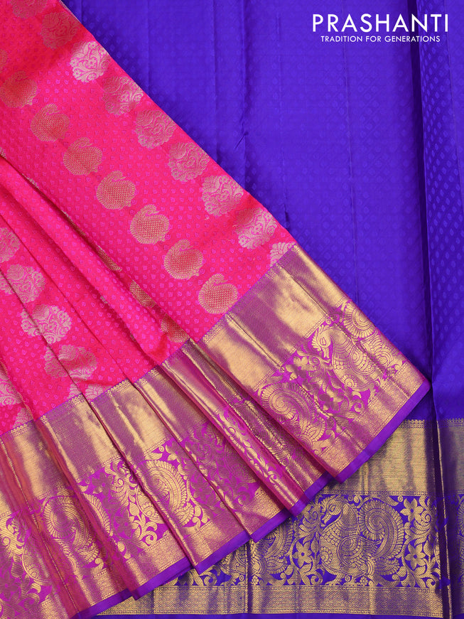 Pure silk kids lehenga pink and purple with allover self emboss & zari buttas and long annam zari woven border