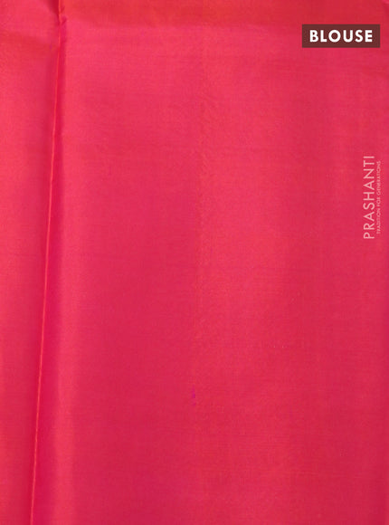 Pure kanjivaram silk saree teal blue and dual shade of pinkish orange with silver zari woven buttas in borderless style