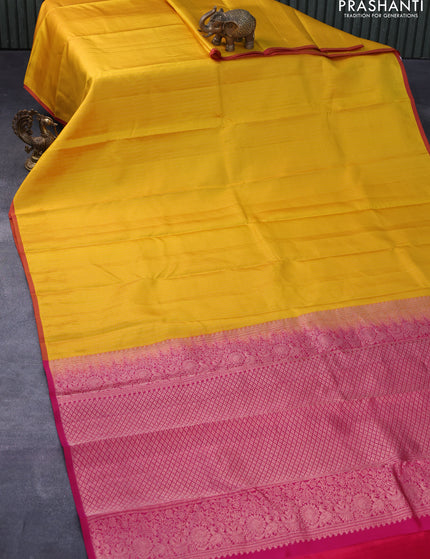 Pure kanjivaram silk saree mango yellow and pink with allover zari weaves and piping border