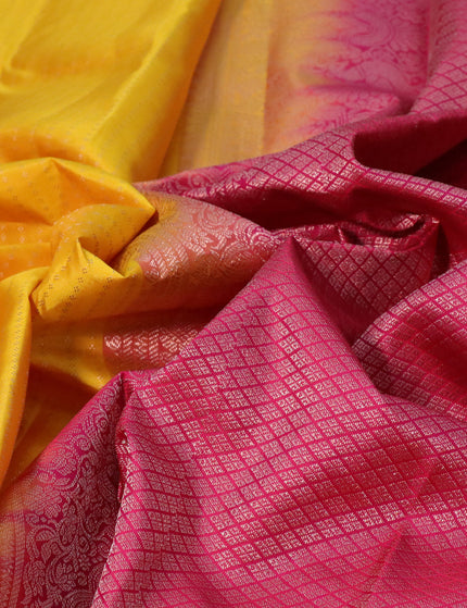 Pure kanjivaram silk saree mango yellow and pink with allover zari weaves and piping border