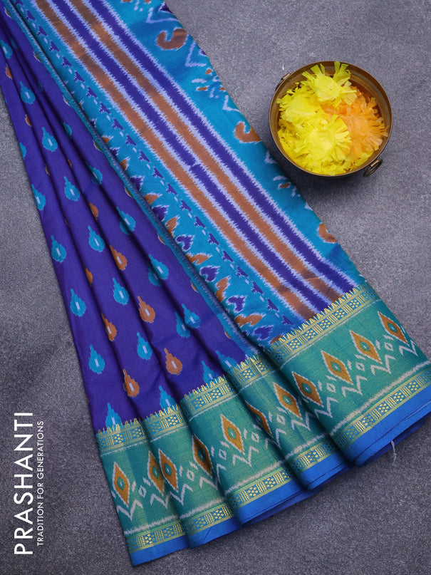 Semi tussar saree blue and dual shade of cs blue with allover ikat butta prints and ikat woven zari border