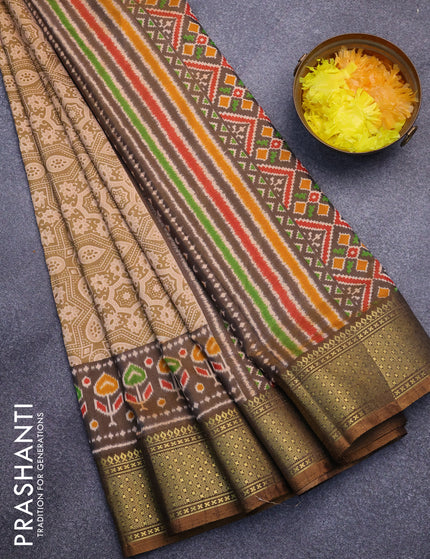 Semi tussar saree dark mustard yellow and dual shade of brown with allover ajrakh prints and zari woven border