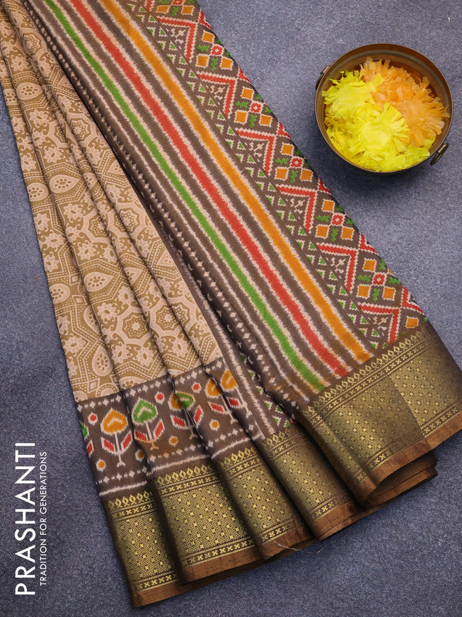 Semi tussar saree dark mustard yellow and dual shade of brown with allover ajrakh prints and zari woven border