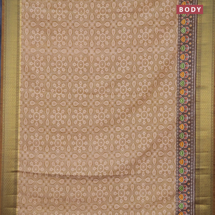 Semi tussar saree dark mustard yellow and dual shade of brown with allover ajrakh prints and zari woven border