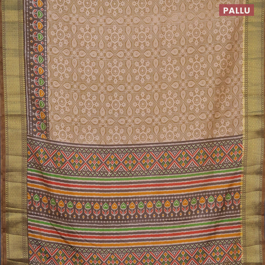 Semi tussar saree dark mustard yellow and dual shade of brown with allover ajrakh prints and zari woven border