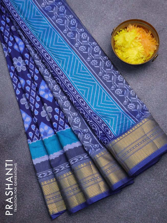 Semi tussar saree blue and greyish blue with allover ikat prints and zari woven border