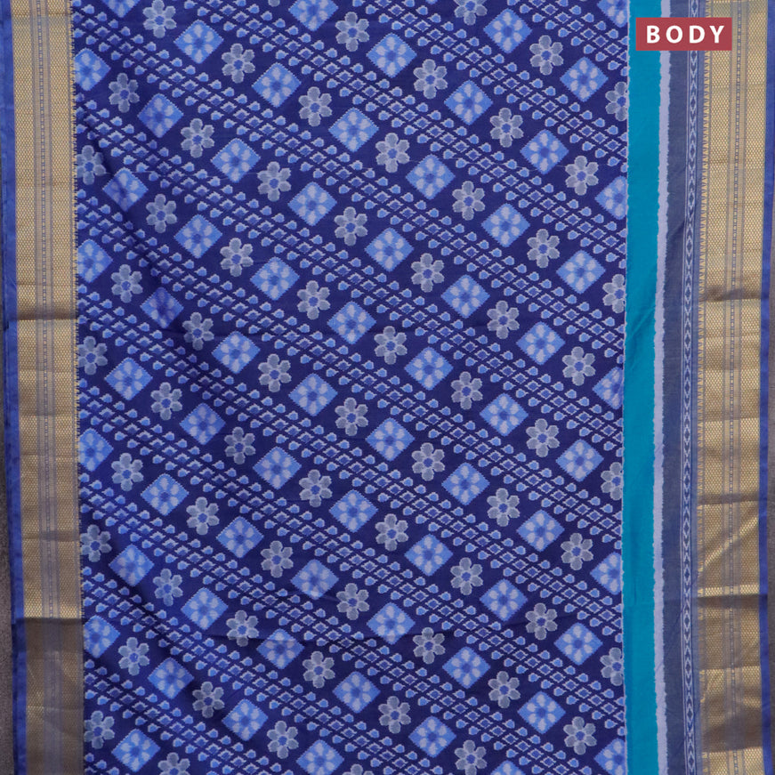 Semi tussar saree blue and greyish blue with allover ikat prints and zari woven border