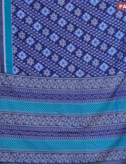 Semi tussar saree blue and greyish blue with allover ikat prints and zari woven border