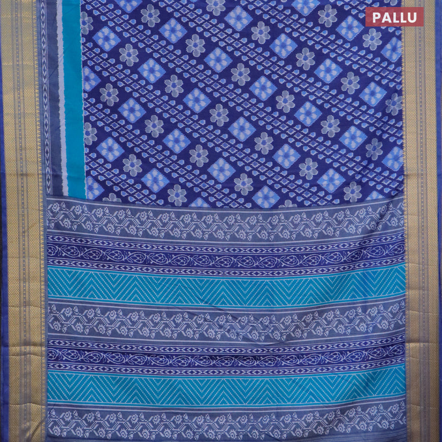 Semi tussar saree blue and greyish blue with allover ikat prints and zari woven border