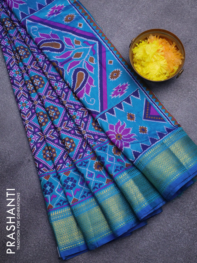 Semi tussar saree dark blue and dual shade of teal green with allover ikat prints and zari woven border