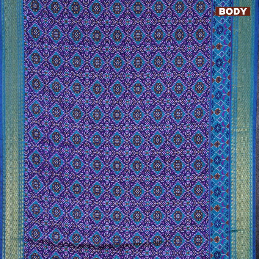 Semi tussar saree dark blue and dual shade of teal green with allover ikat prints and zari woven border