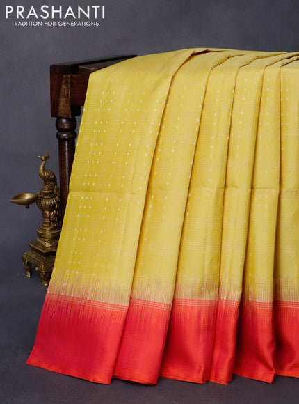 Pure soft silk saree lime yellow and dual shade of pinkish orange with allover zari checks & silver zari buttas and simple border