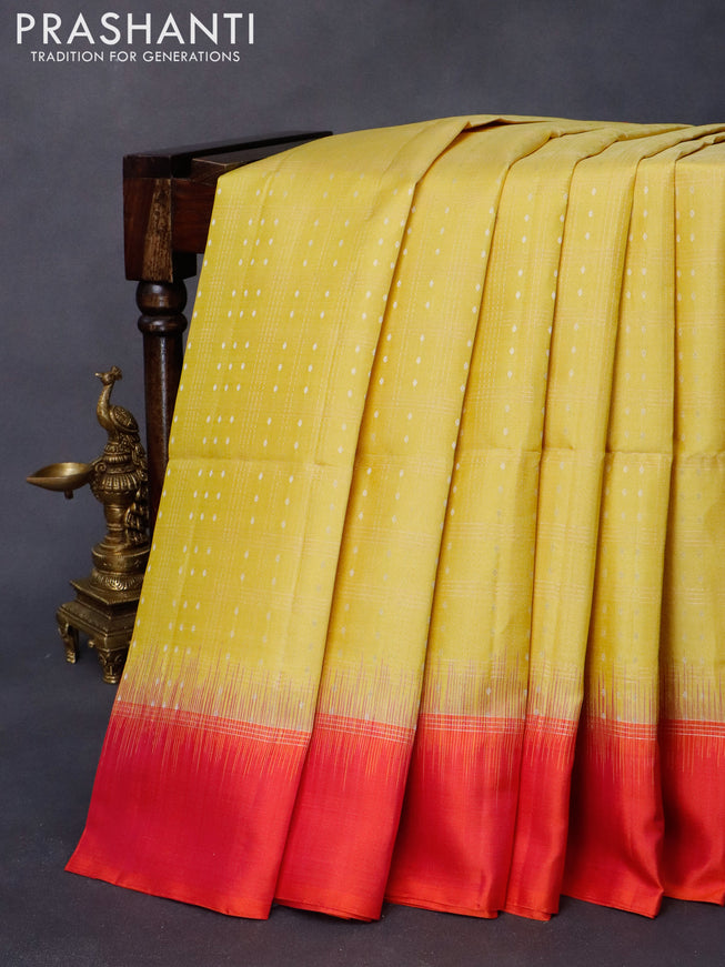 Pure soft silk saree lime yellow and dual shade of pinkish orange with allover zari checks & silver zari buttas and simple border