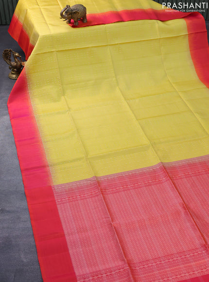 Pure soft silk saree lime yellow and dual shade of pinkish orange with allover zari checks & silver zari buttas and simple border