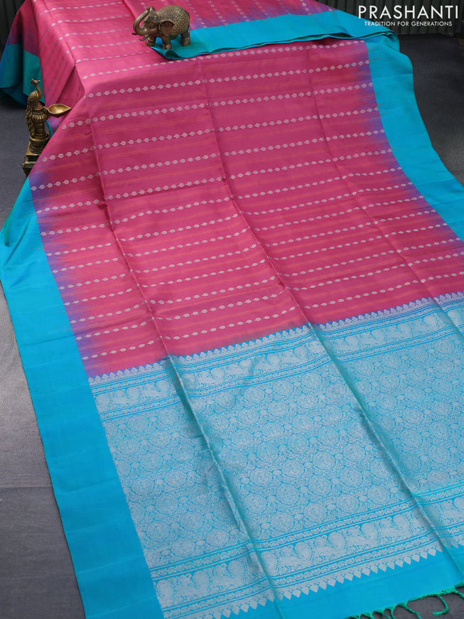 Pure soft silk saree dark pink and dual shade of teal bluish green with silver & copper zari weaves and simple border