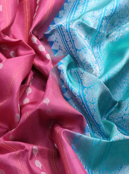 Pure soft silk saree dark pink and dual shade of teal bluish green with silver & copper zari weaves and simple border