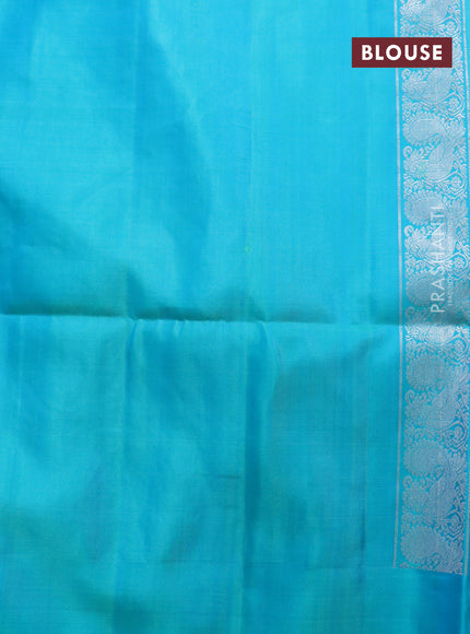 Pure soft silk saree dark pink and dual shade of teal bluish green with silver & copper zari weaves and simple border