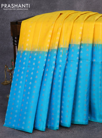 Pure soft silk saree yellow and dual shade of teal blue with silver & copper zari weaves and zari woven butta border