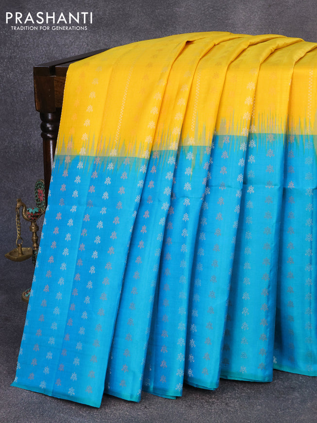 Pure soft silk saree yellow and dual shade of teal blue with silver & copper zari weaves and zari woven butta border