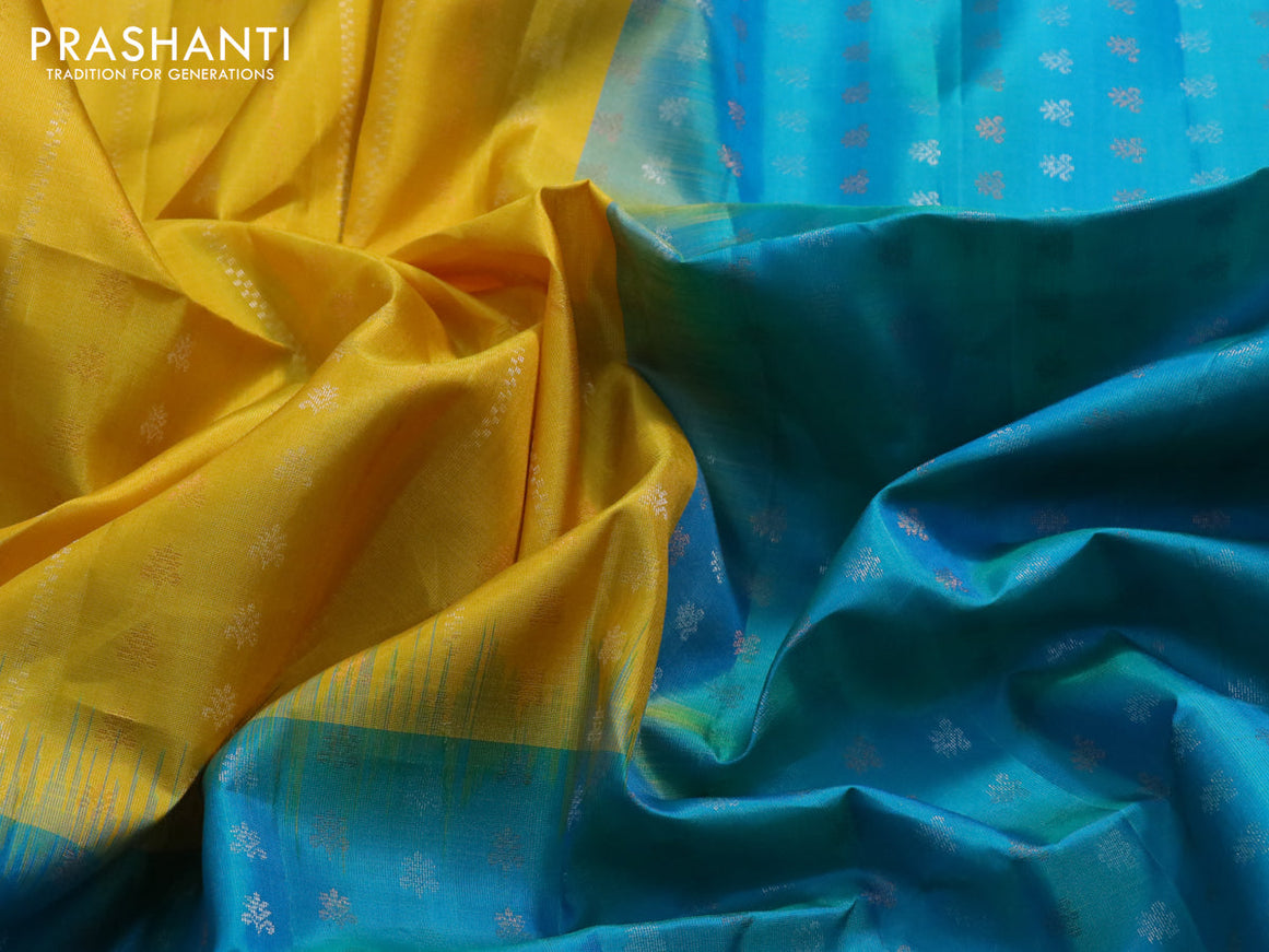 Pure soft silk saree yellow and dual shade of teal blue with silver & copper zari weaves and zari woven butta border