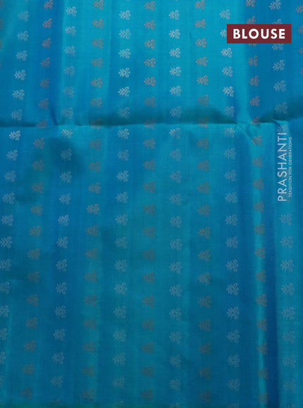 Pure soft silk saree yellow and dual shade of teal blue with silver & copper zari weaves and zari woven butta border