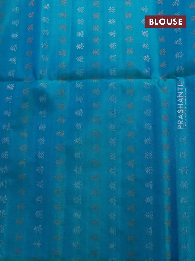 Pure soft silk saree yellow and dual shade of teal blue with silver & copper zari weaves and zari woven butta border